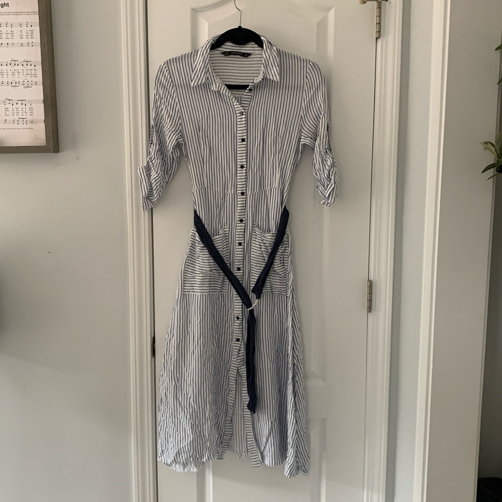 Zara Navy White Striped Midi Shirt Dress sz‎ S nautical classic summer preppy